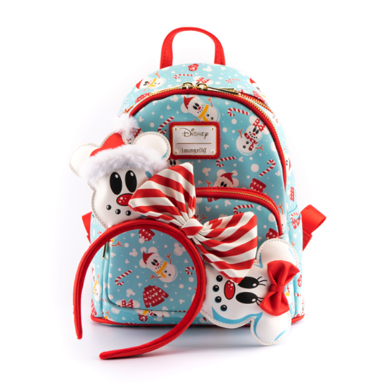 LOUNGEFLY DISNEY MINNIE MICKEY SNOWMAN MINI BACKPACK + HEADBAND SET